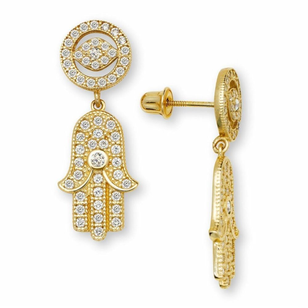Solid 14K Yellow Gold Evil Eye Hamsa Hand Screw Back Dangle Earrings